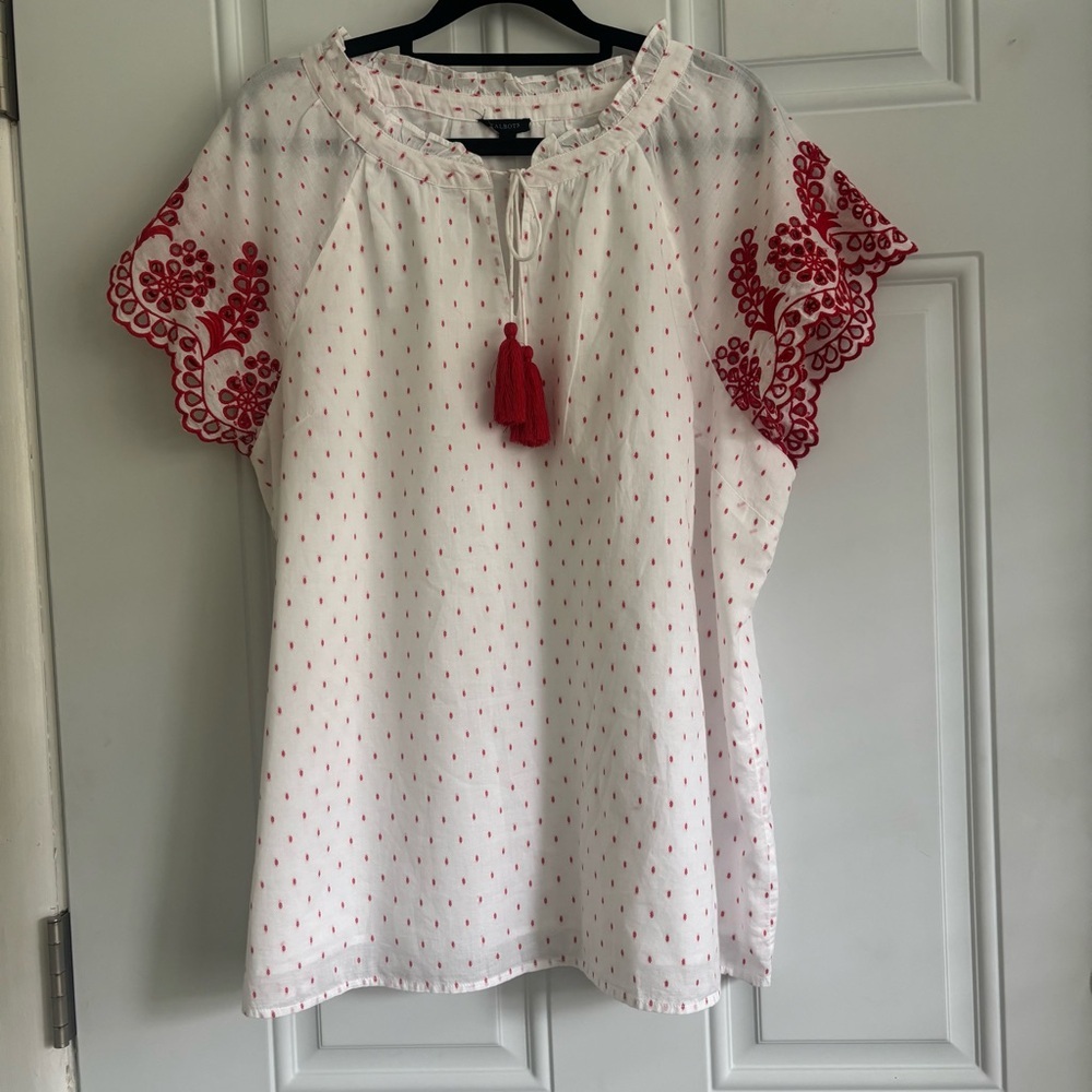 Talbots White and Red Embroidered Flutter Sleeve Blouse with Tie Front, Size XL